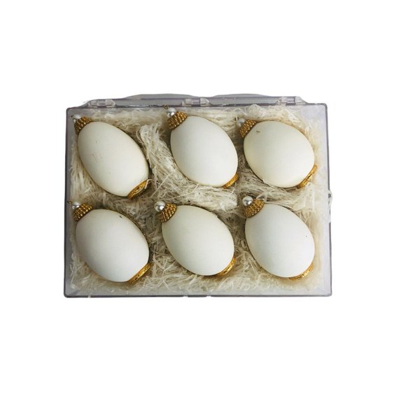 Eggshell Christmas Ornaments Musical Angels Gold Trim Pearl Set of 6 Vintage - Picture 2 of 12